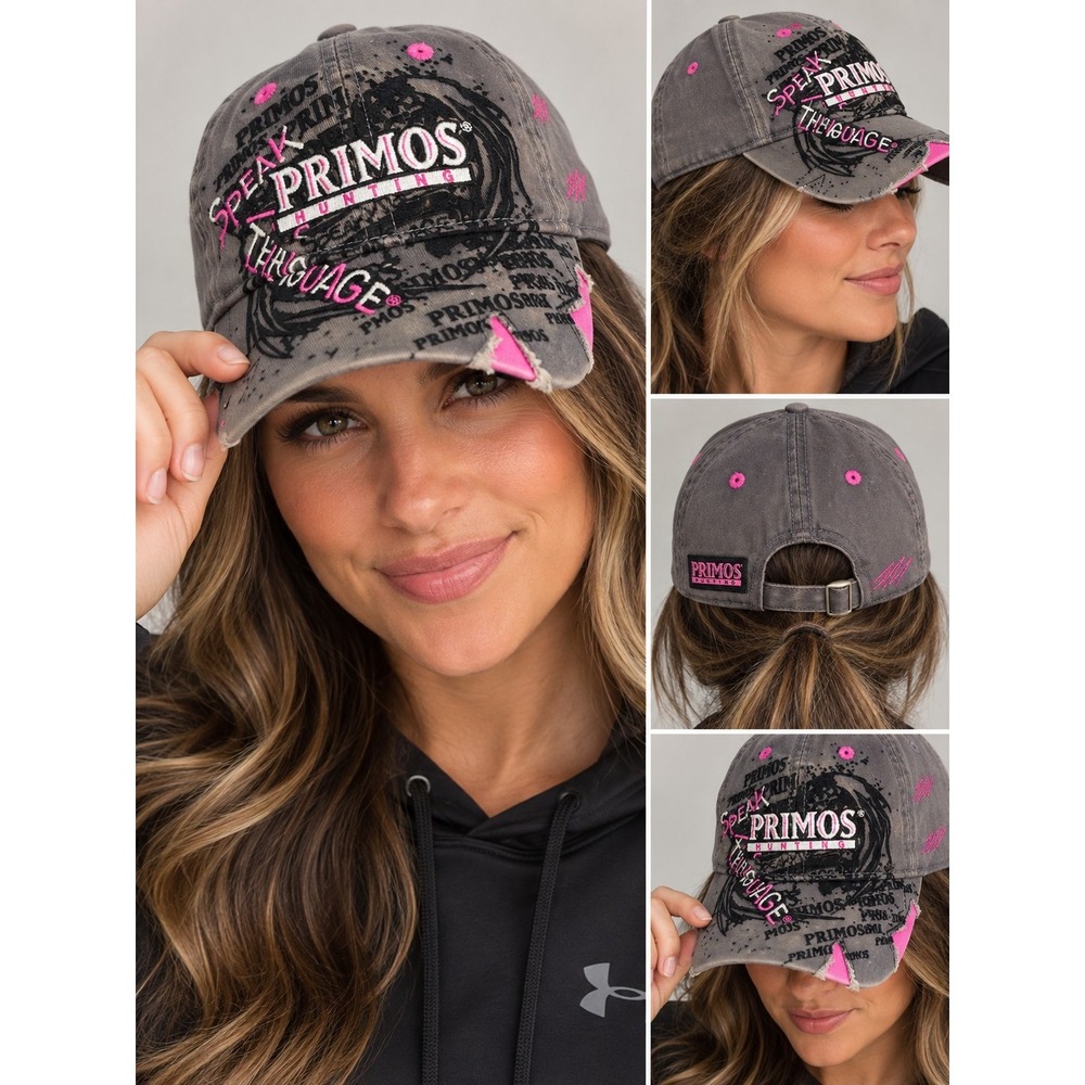 Primos Hunting Speak The Language Hat Distressed Adjustable Strapback Cap 23.5 "